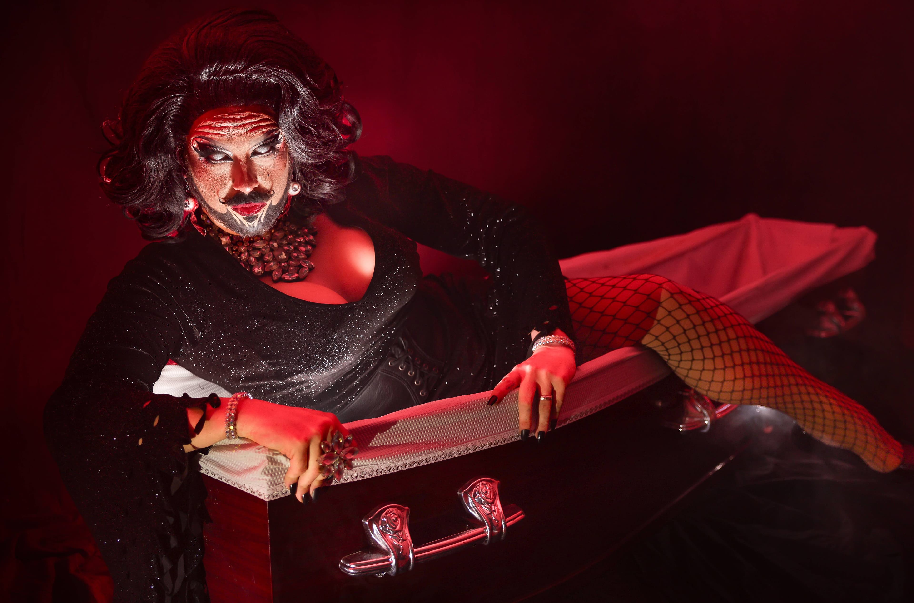 Roxee Horror (Adam Larkham) who's planned her own funeral because she's leaving Wollongong for good to move to Queensland in a few weeks. The event is called 'A Funeral for Roxee Horror' & it's a sold-out event through Merringong. Photo: Adam McLean