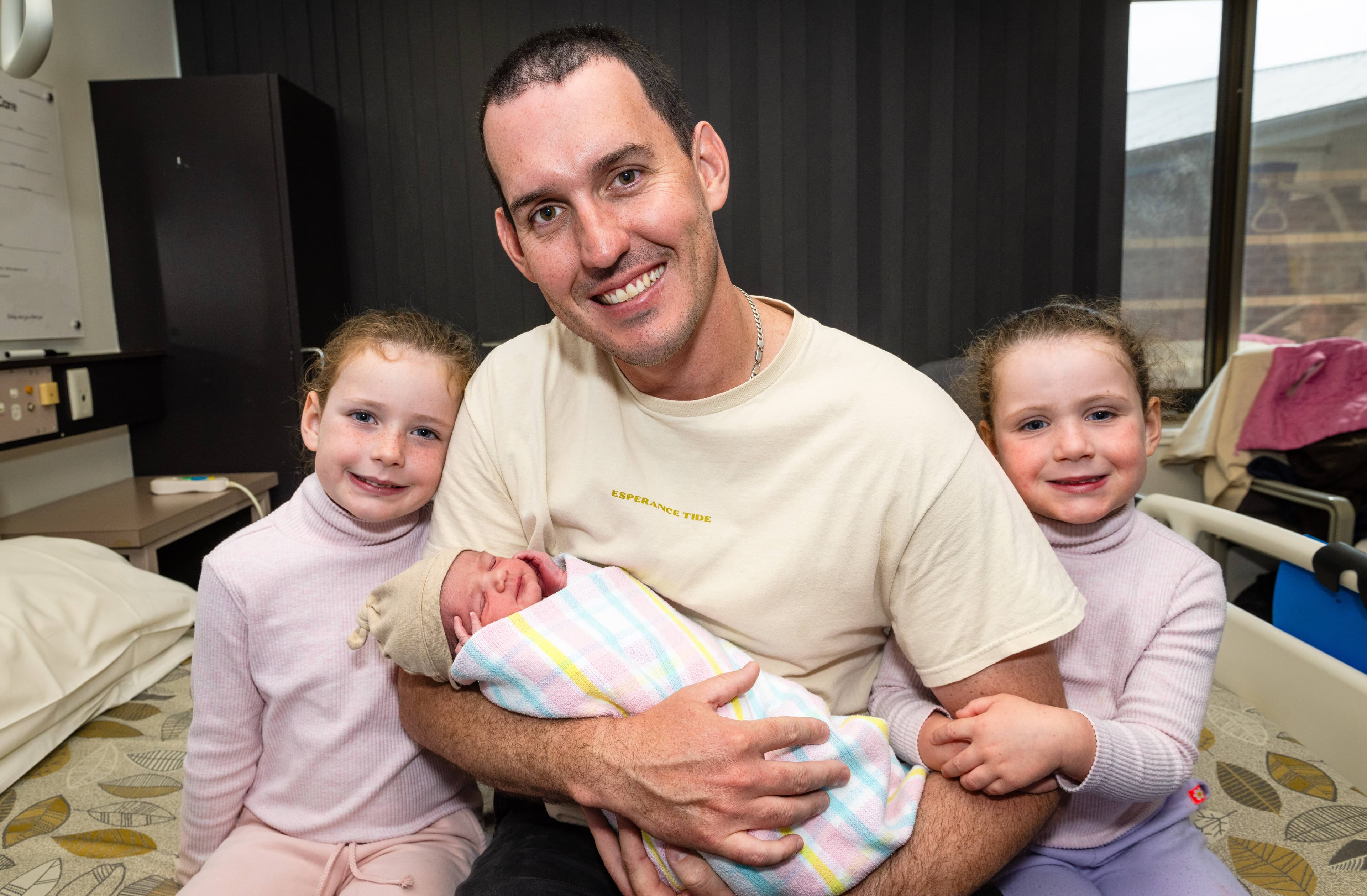 Margot Davies, 5, Kyle Davies and Florence Davies, 4, of Wynyard with baby girl Sylvie Bo, born 12/11/2025 at the North West Regional Hospital. Mother Georgia Davies. Picture by David Bellamy
