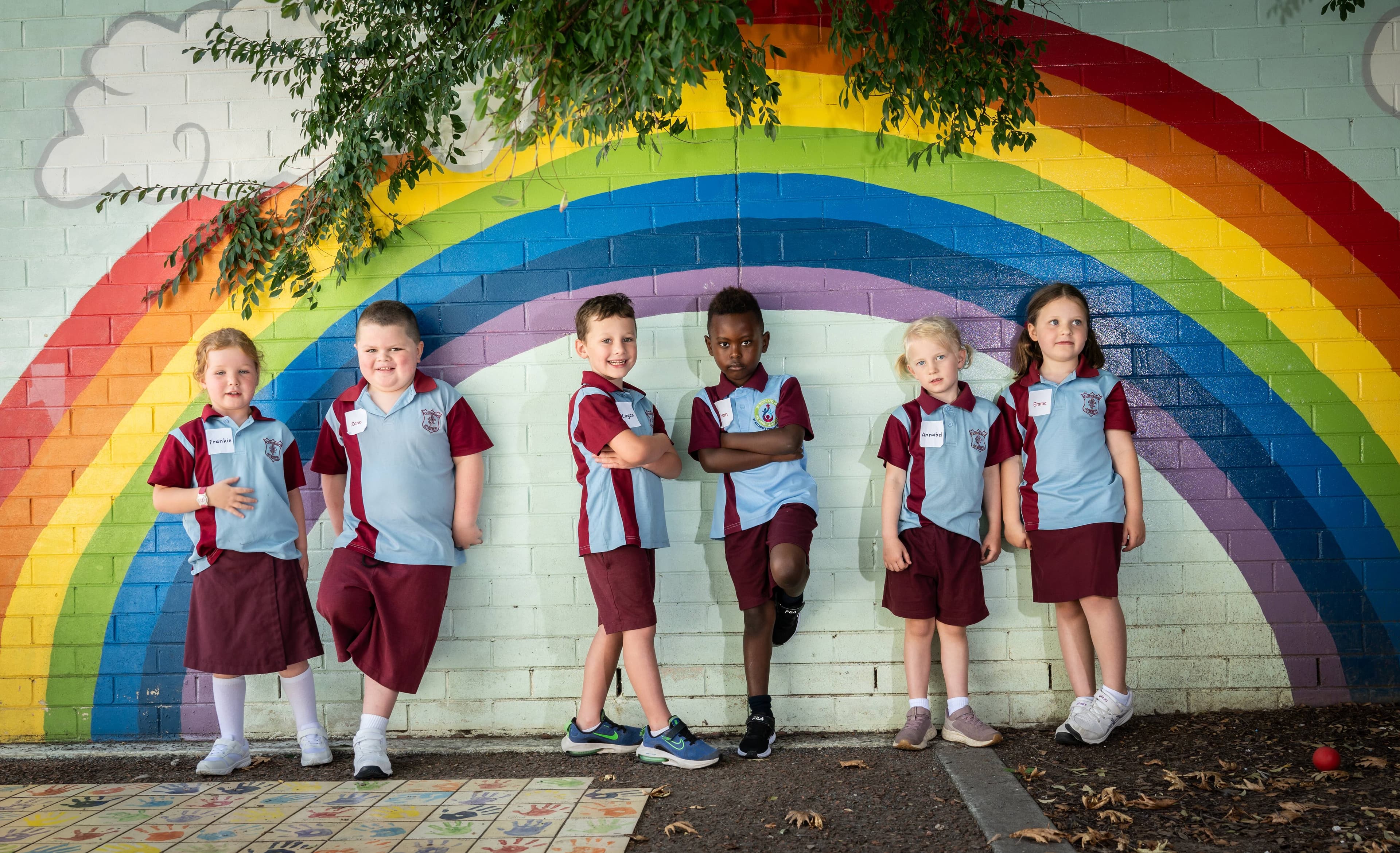 Kindergarten students at their forst day of school at St Matthew's primary school in Page (from left) Frankie Roweth, Zane Gray, Logan Swan, Ivan Mugendi, Annabel Gardiner, and Emma Quinn. Picture by Karleen Minney