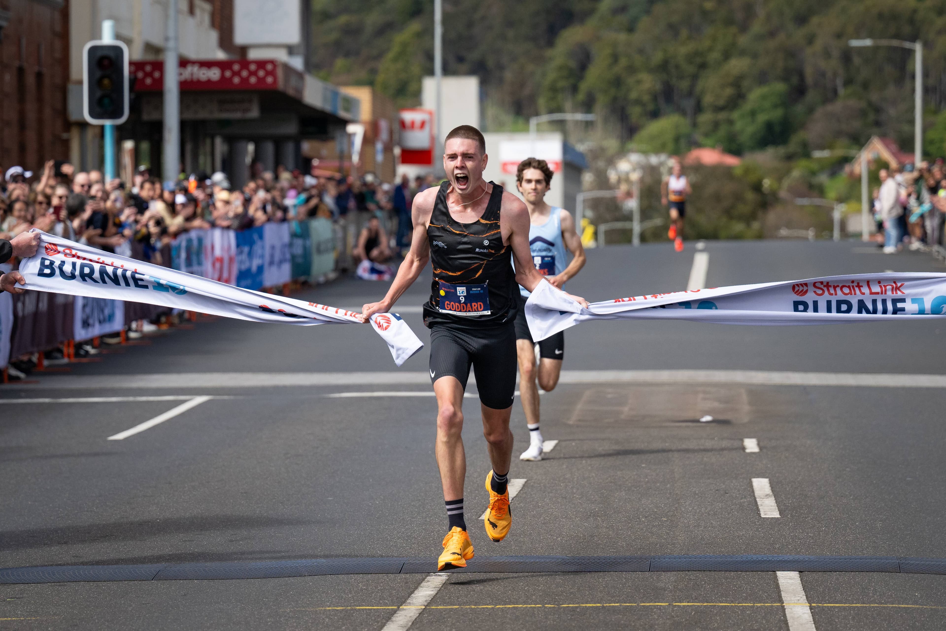 South Australia's Adam Goddard is the first to cross the finish line at the 2025 Burnie Ten, Australia's Premier 10km Road Race. Picture by Katri Strooband