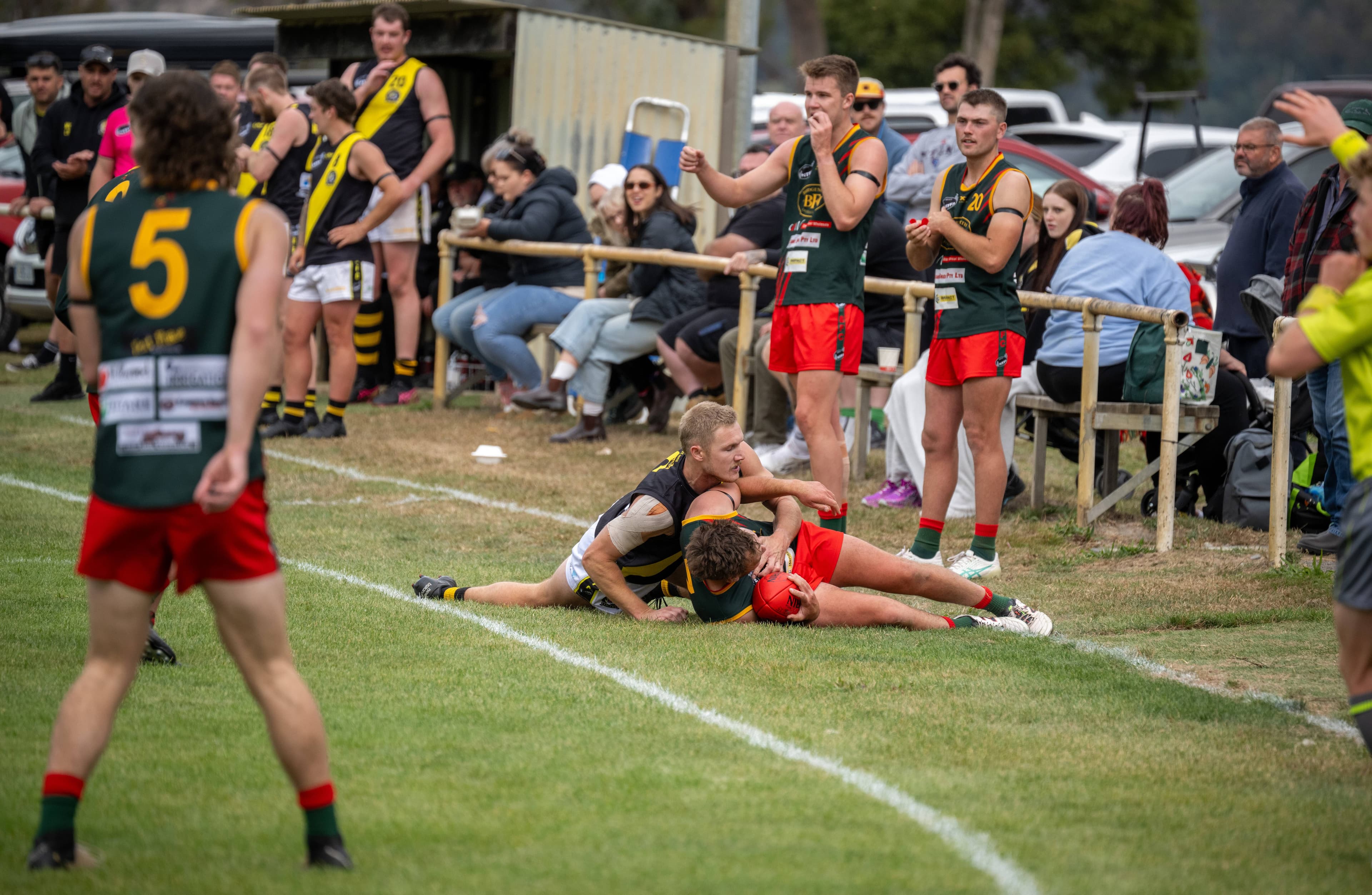 Bridgenorth's James Griffiths tackled over the line by Rocherlea's Brayden Claridge. Picture by Paul Scambler