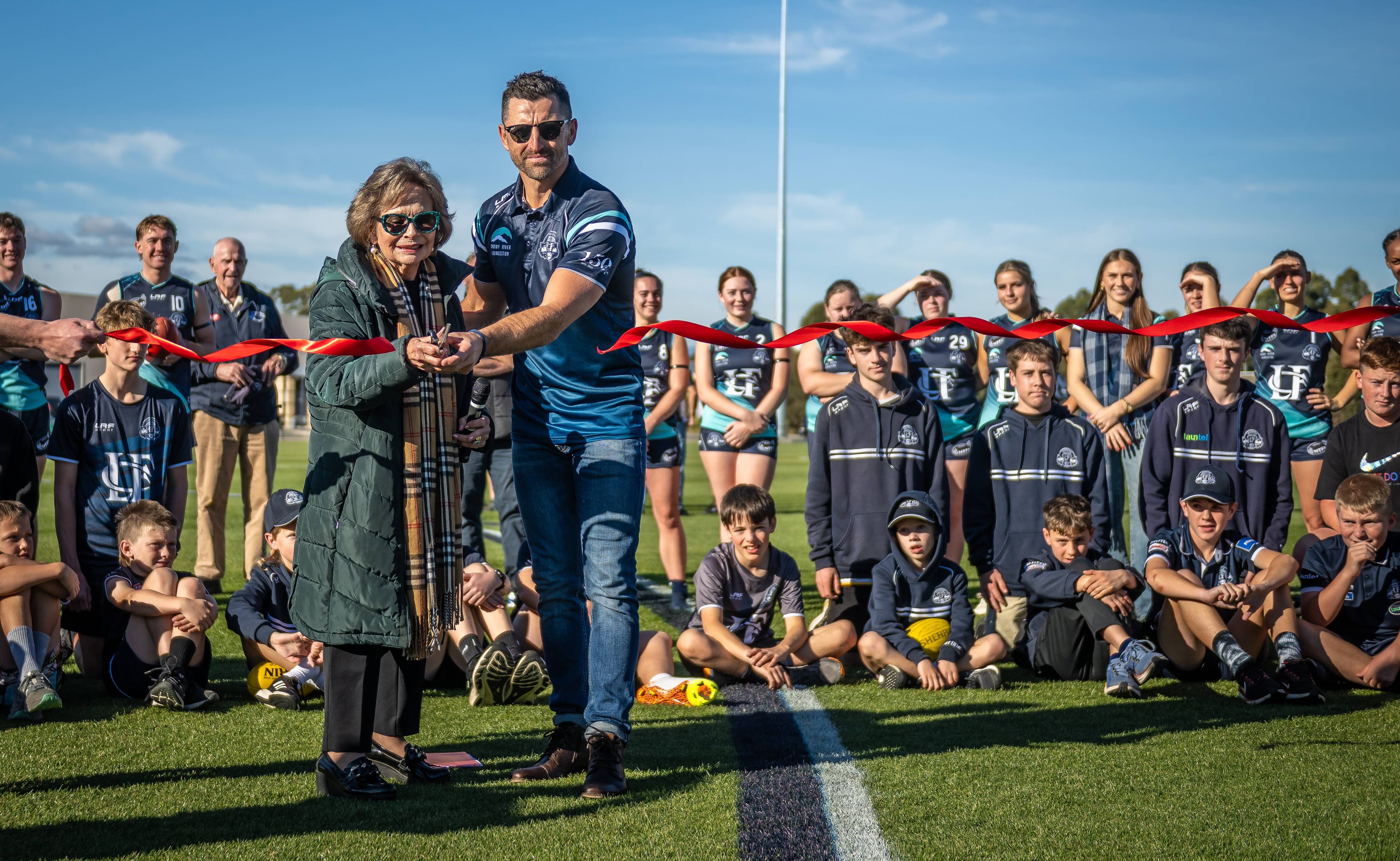 West Tamar Mayor Christian Holmdahl and Launceston Football Club president Scott Stephens cut the ribbon at the official opening of the renovated Windsor Park ground. Picture by Craig George
