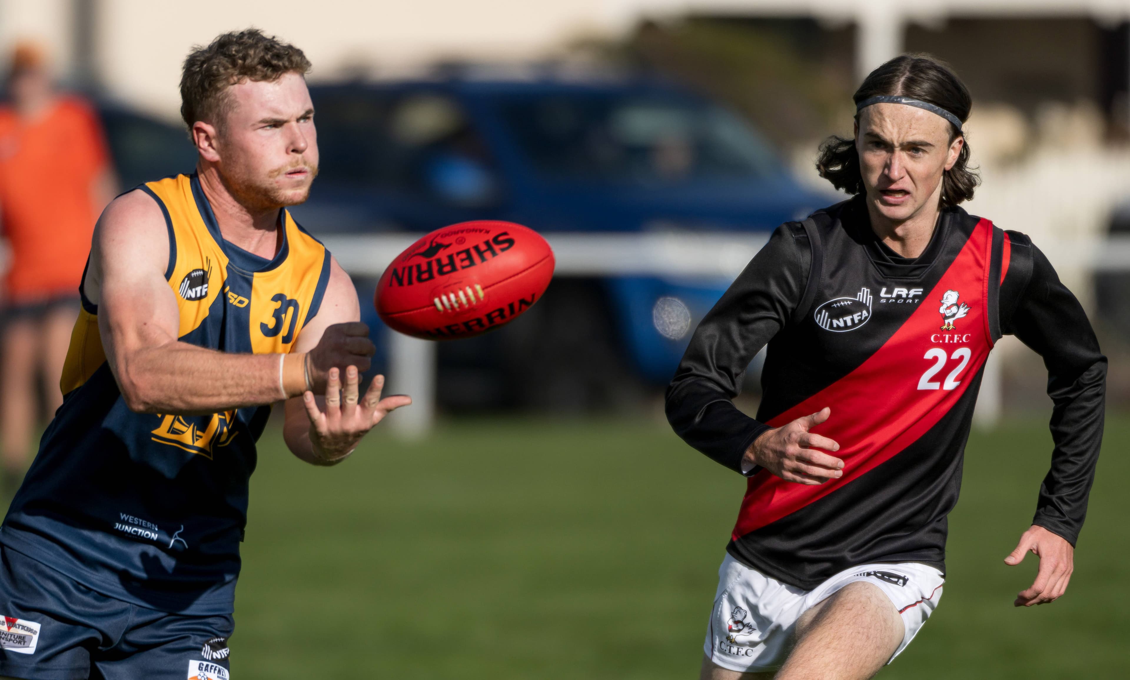 Evandale's Alex Jordan feeds a handball out. Picture by Phillip Biggs