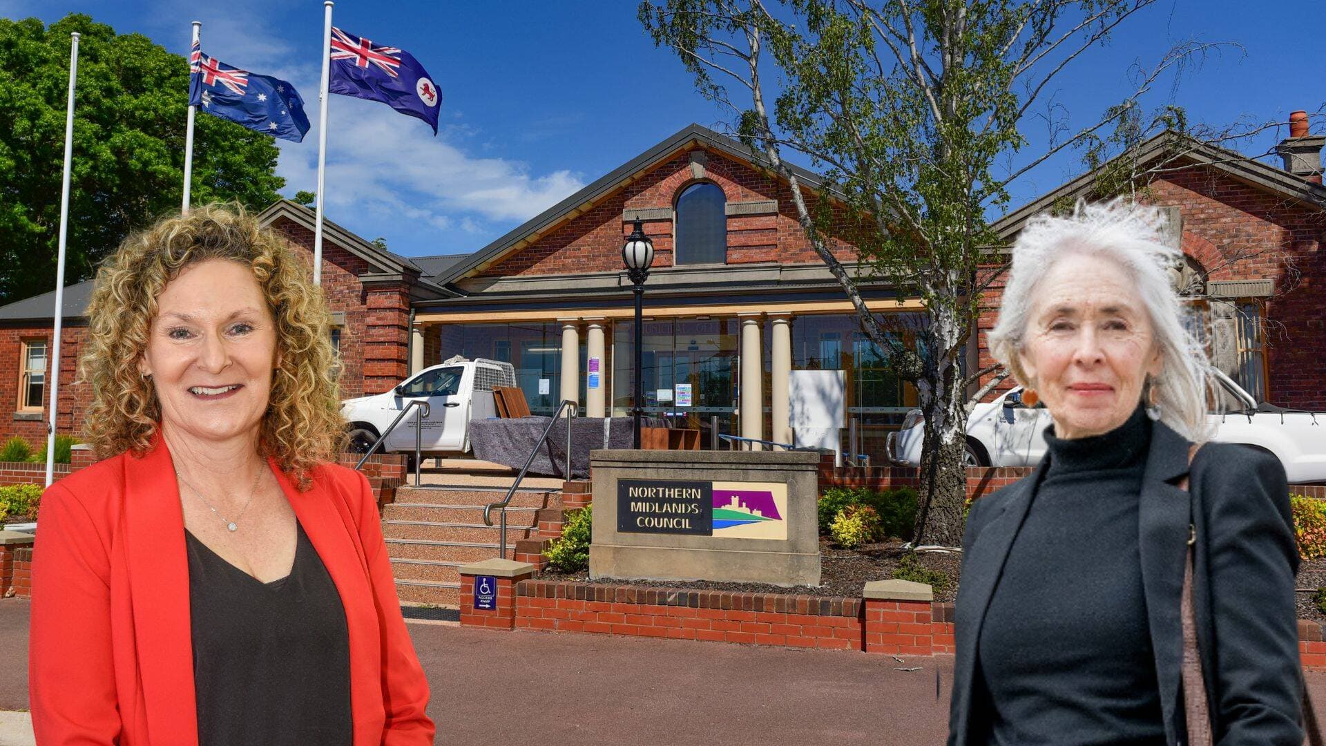 Northern Midlands Council offices at Longford. Deputy Mayor Janet Lambert and councillor Alison Andrews overlaid. Pictures by Paul Scambler, Philip Biggs and Craig George