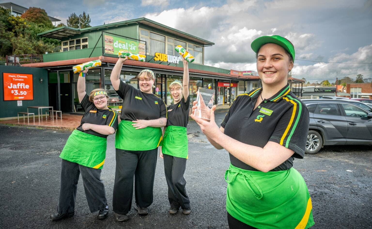 Gabriella Piva, Deloraine Subway Restaurant Manager, with staff members Jordyn Tone, Chloe Woodhall and Lucie Matthews after the store was named Subway restaurant of the year award (2024).