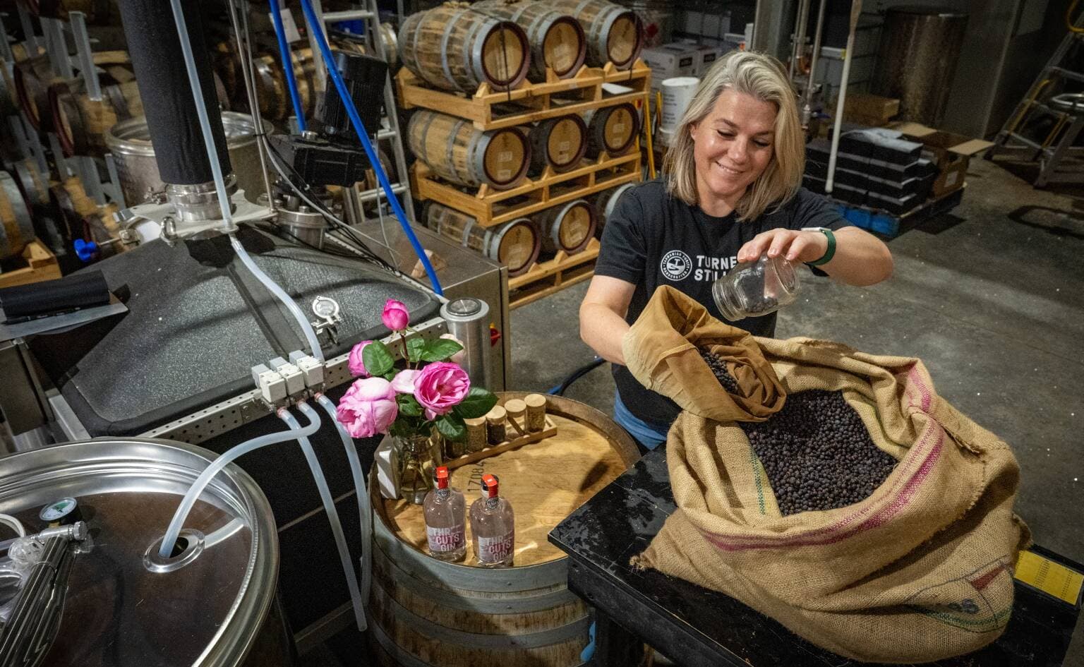 Distiller Rachel Alberti preparing the Three Cuts Gin, Woolmers Estate special edition at Turners Stillhouse, Rosevears on November 24.