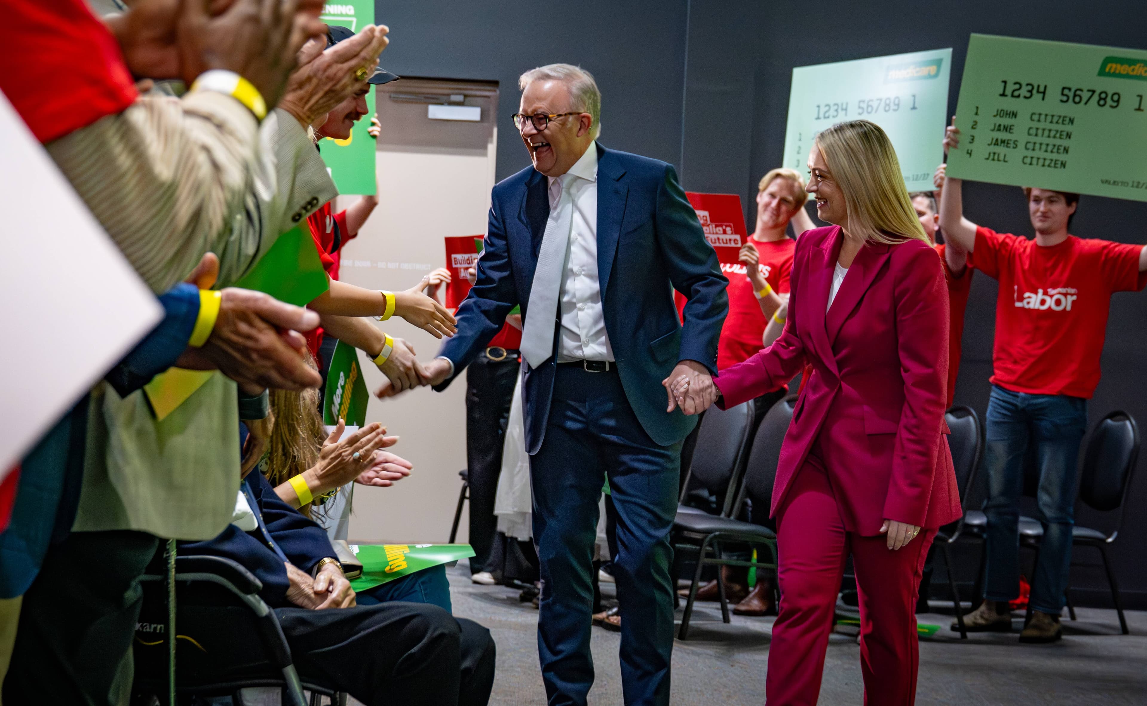 Prime Minister, Anthony Albanese and his fiancee Jodie Haydon arrive for a Labor Party rally and healthcare announcement on February 23.