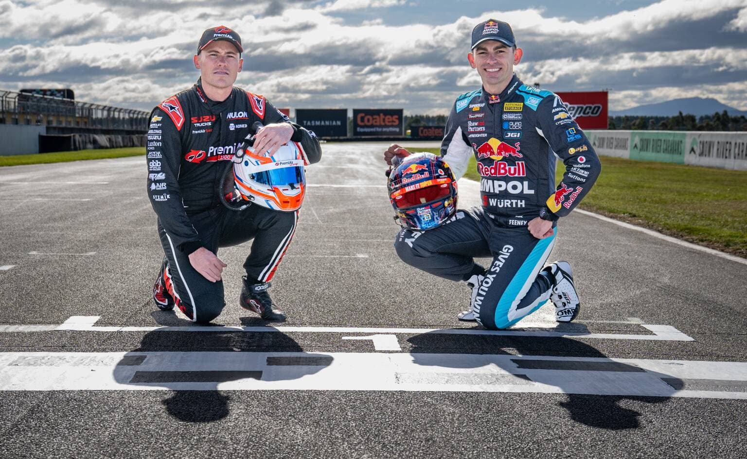 Richie Stanaway with Broc Feeney on the grid for the Supercars at Symmons Plains.