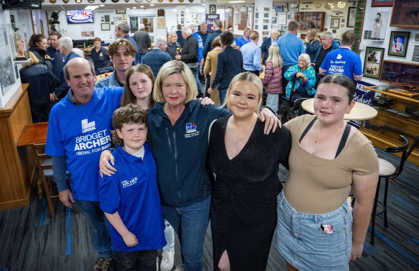 Defeated Liberal member for Bass Bridget Archer, with her family, husband Winston Archer, James, Edith, Luke, Lauren and Molly, on the night of the 2025 federal election at the Launceston RSL.
