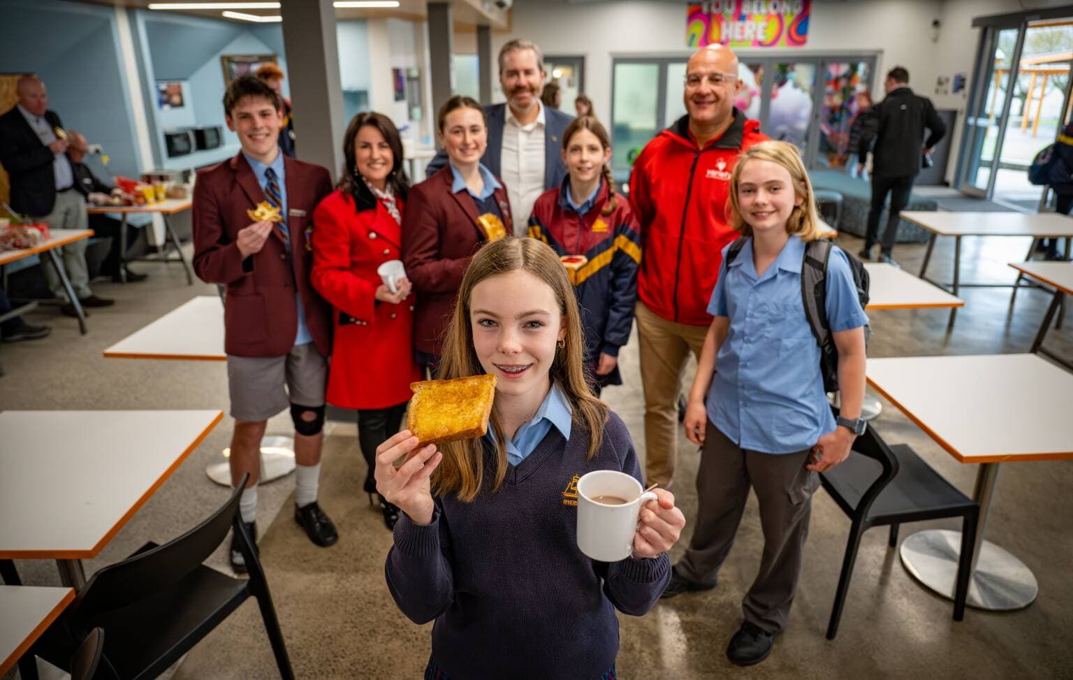 Riverside HIgh School student Millie Van Est, with William Wightman, Jo Palmer Minister MLC for Education, Lucy Walker, Michael Ferguson Liberal member for Bass, Josie Adams, Mohammad Aldergham, Variety Tasmania's CEO, and Griff White.