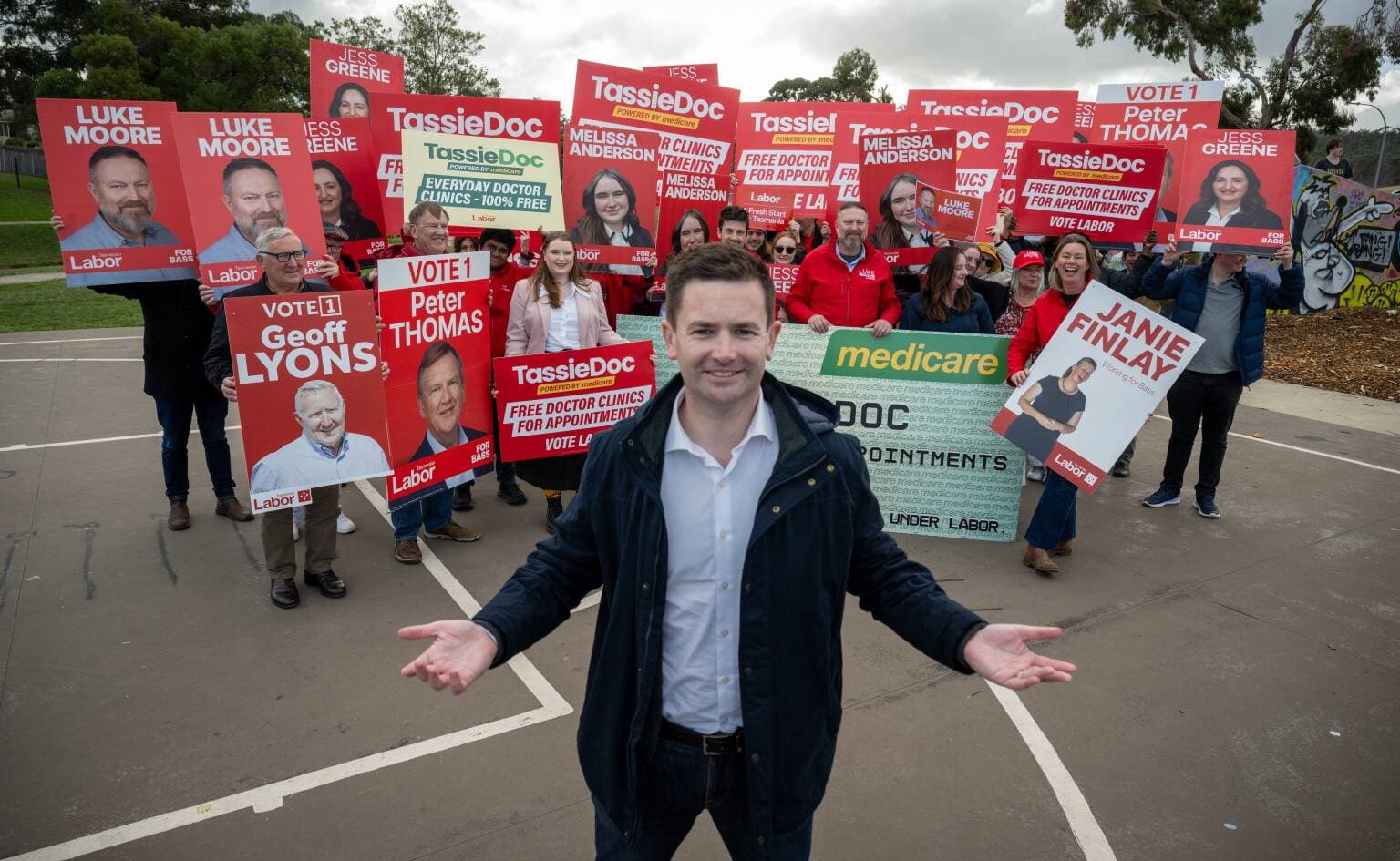 Ahead of the 2025 state election, Labor leader Dean Winer and the Bass candidates Geoff Lyons, Peter Thomas, Melissa Anderson, Will Gordon, Luke Moore, Jess Greene and Janie Finlay, at the Adventure Park at Ravenswood.