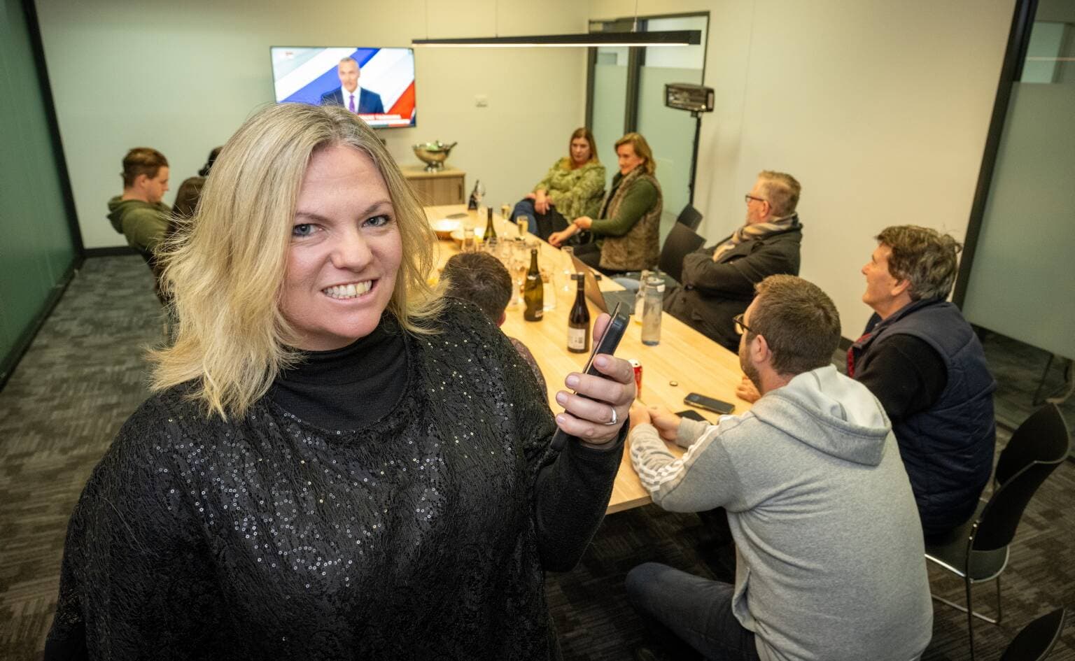 Bass independent MP Rebekah Pentland watches the figures in her Launceston office during the state election on July 19. She would lose her seat.