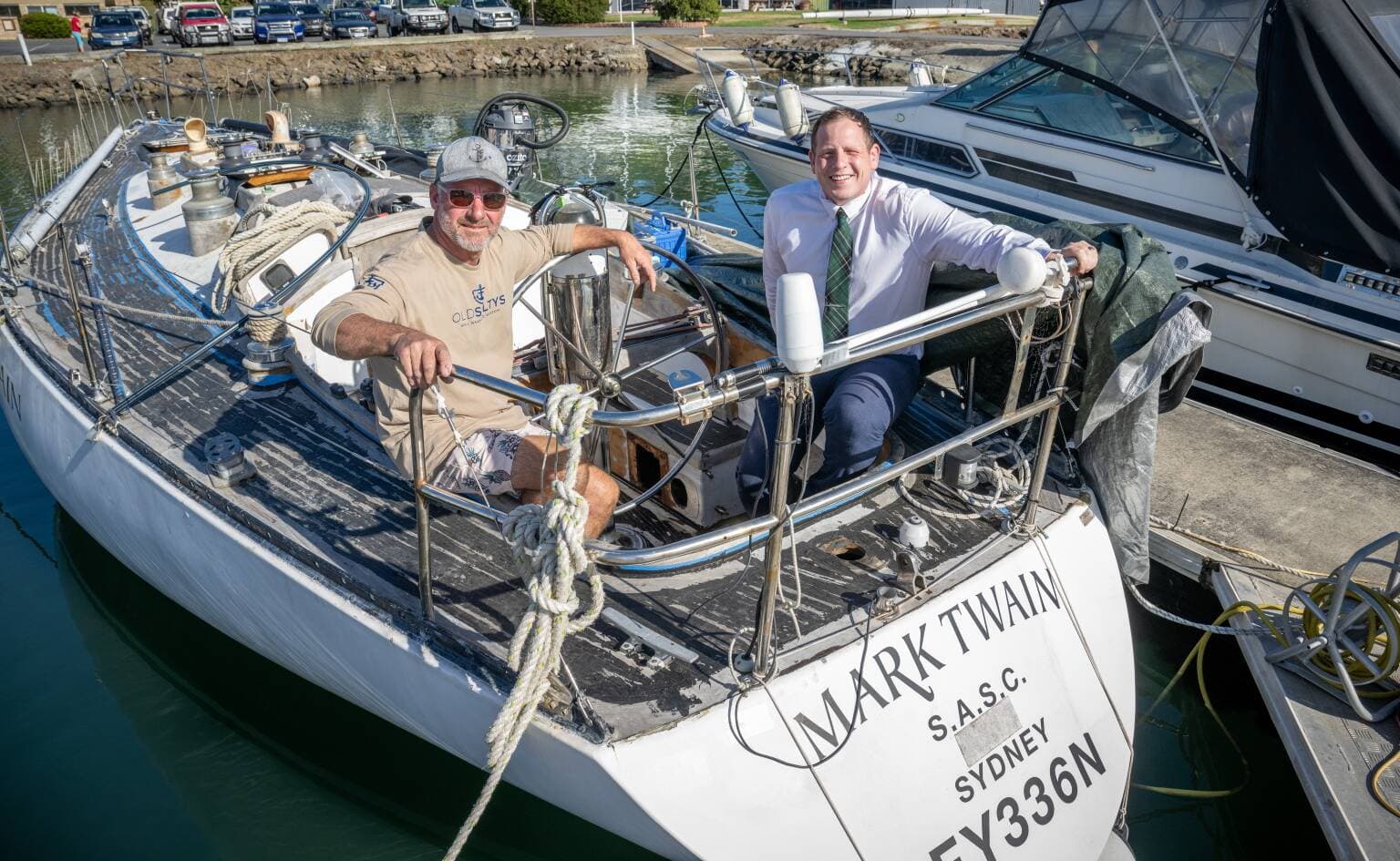 Rob Payne of Beauty Point and his yacht, the Mark Twain, a Sparkman and Stephens 39 design with Jamie Beaton aboard the former winner of the Sydney to Hobart yacht race.