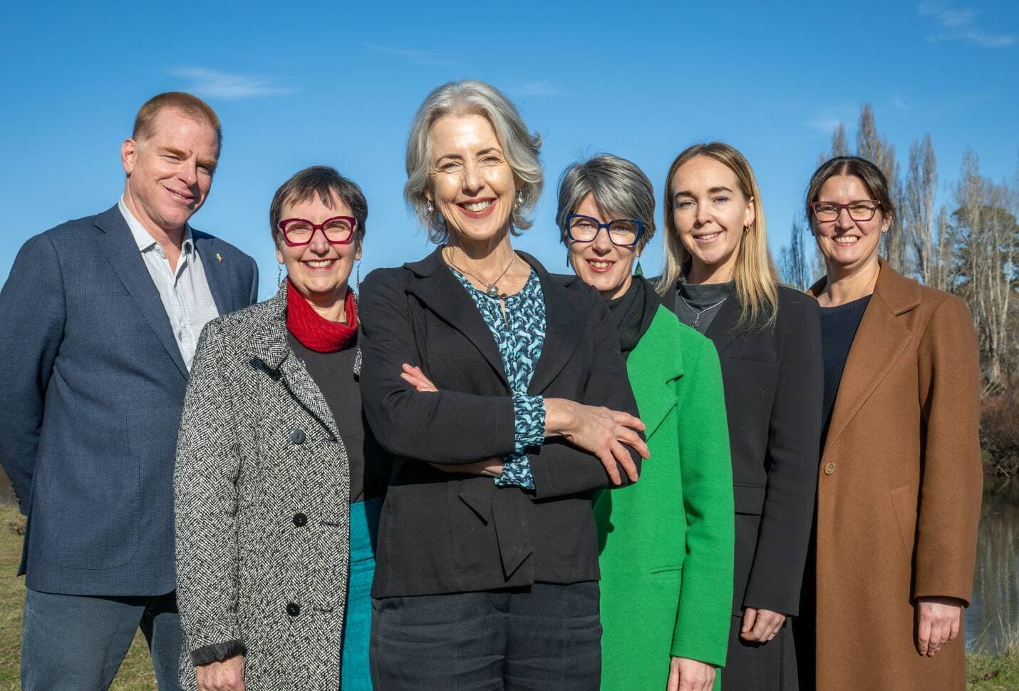 Tasmanian Greens election candidates, Vica Bayley, Helen Burnet, Rosalie Woodruff, Cecily Rosol, Tabatha Badger and Vanessa Bleyer on June 13.