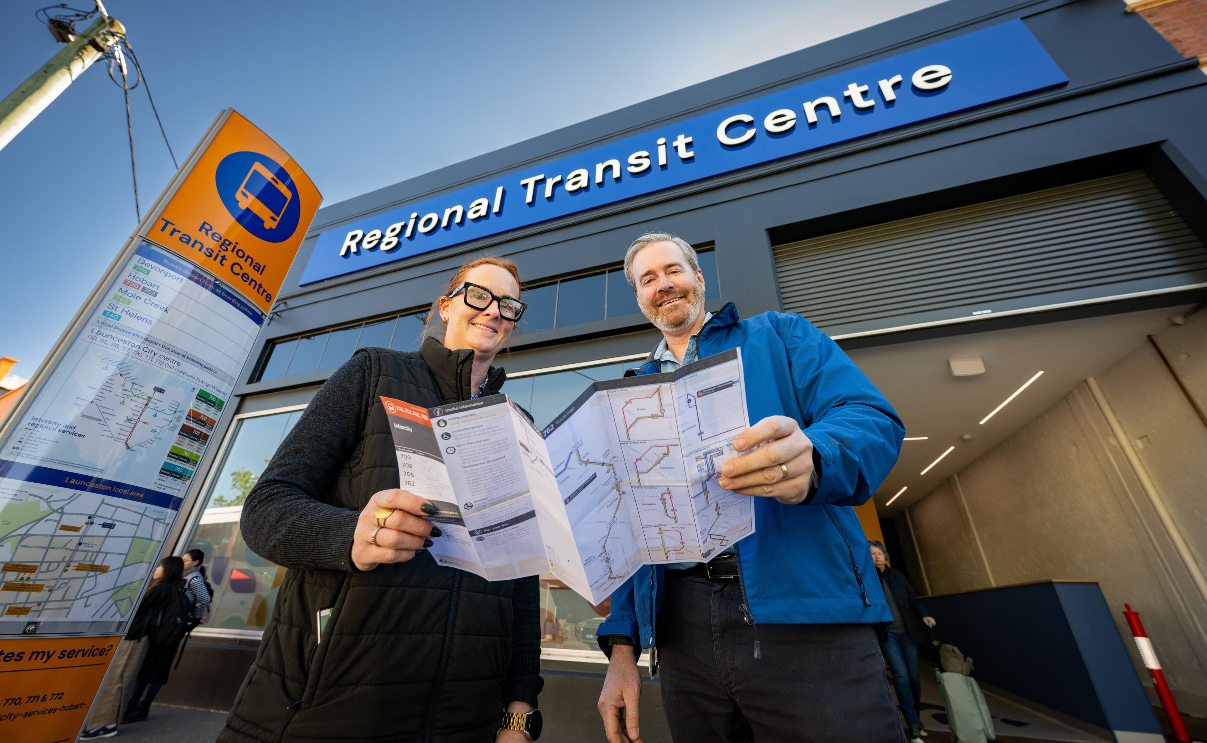 Liana Seadon, sales manager with Kinetic Tasmania, and Michael Ferguson, Liberal member for Bass, at the new Regional Transit Centre, St John Street, Launceston.