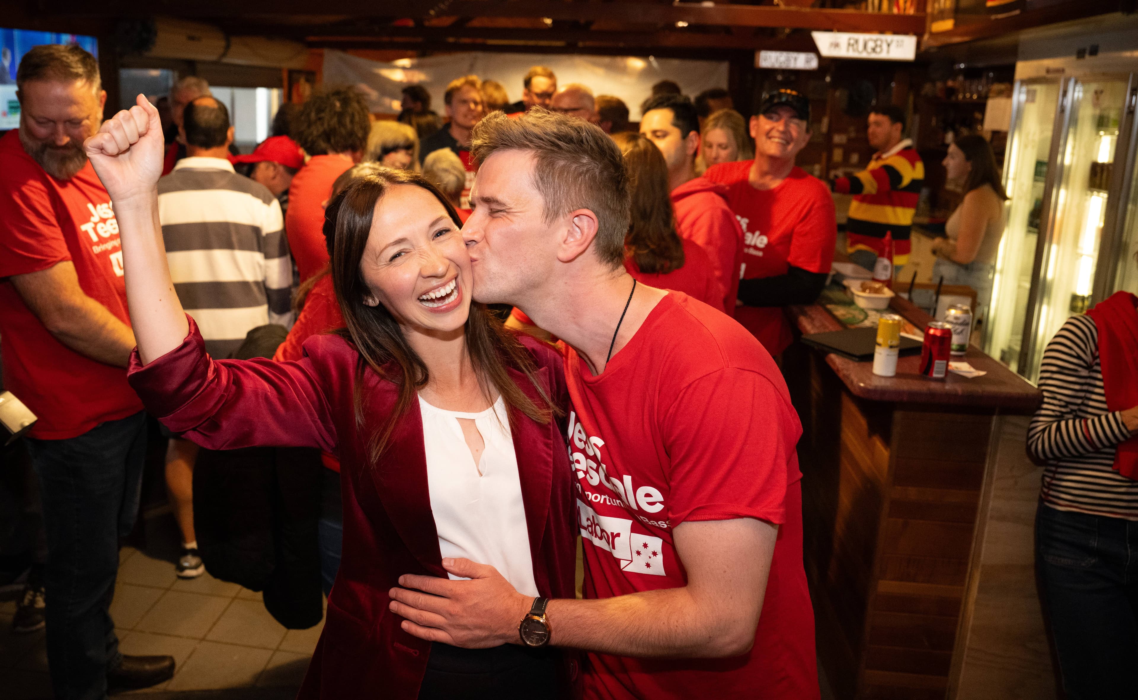 Jess Teasdale after winning the seat of Bass in the May 3 federal election, with partner Liam McGrath at the Launceston Rugby Club at Seaport.