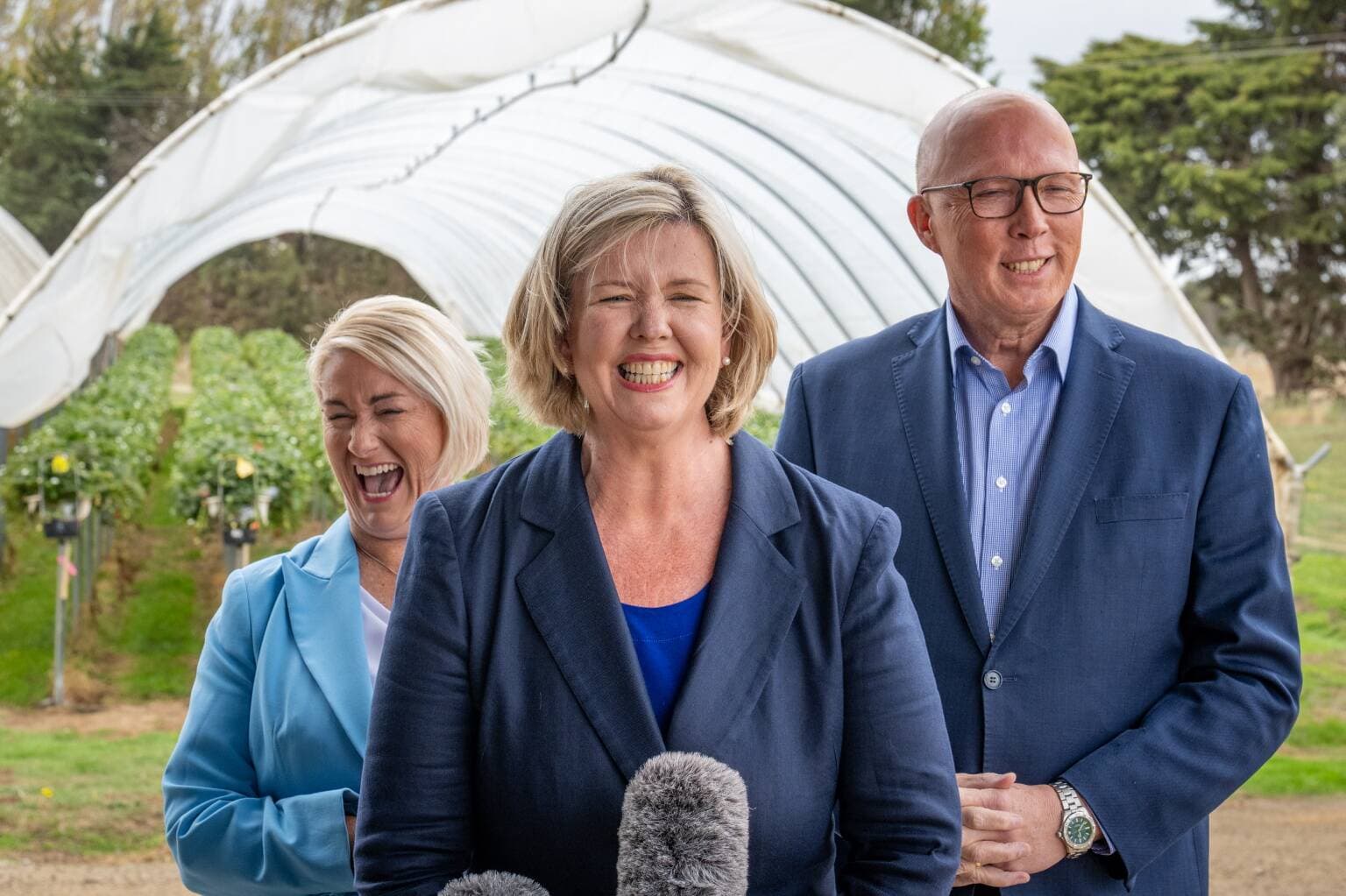 Bridget Archer (centre), then federal member for Bass, with Susie Bower candidate for Lyons and Liberal leader Peter Dutton during the 2025 federal election.