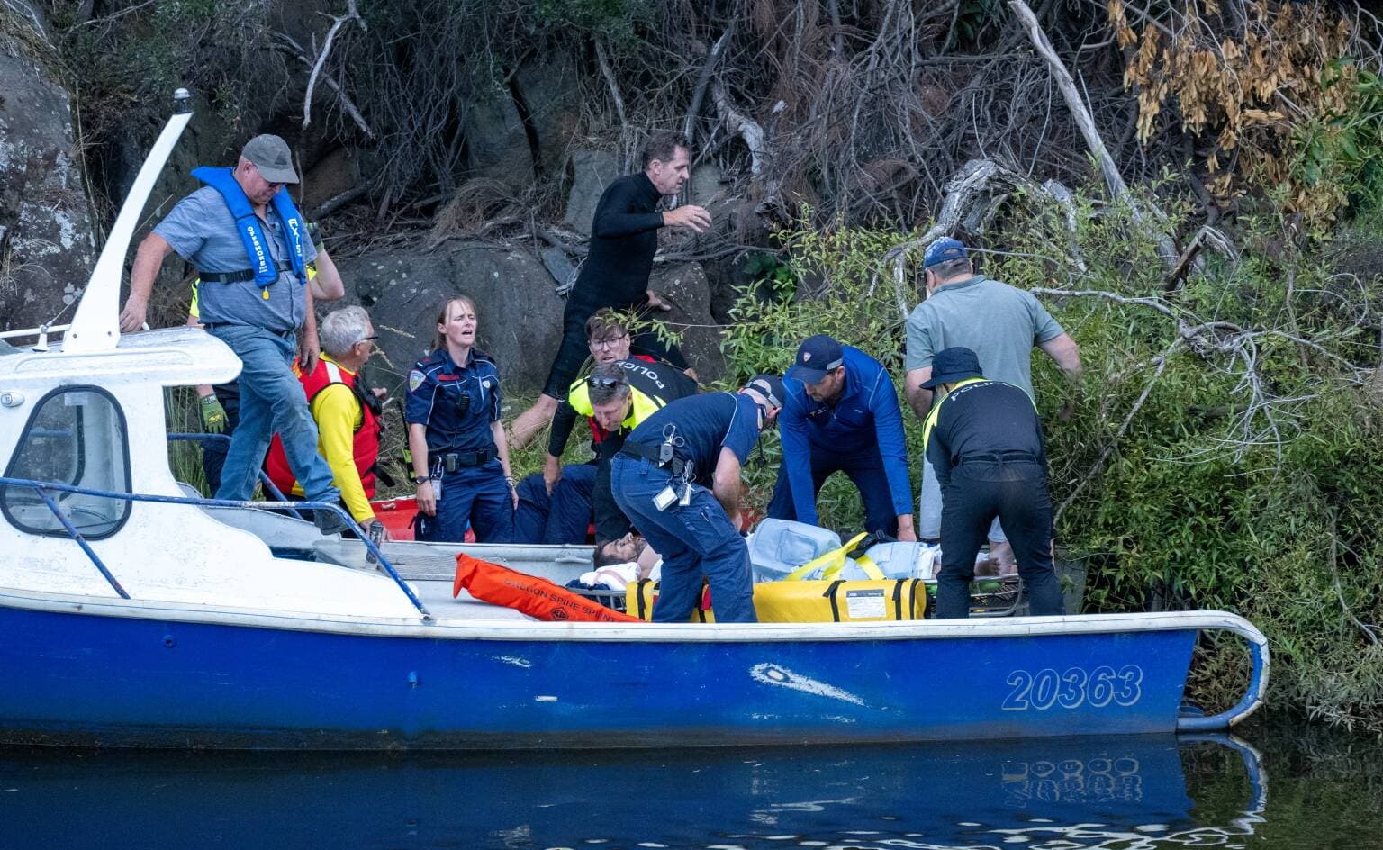 Surf Lifesaving Tasmania, Ambulance Tasmania and Tasmania Police Search and Rescue personnel on scene at the Cataract Gorge in Launceston, during a rescue of a man who fell from the rock face in February.