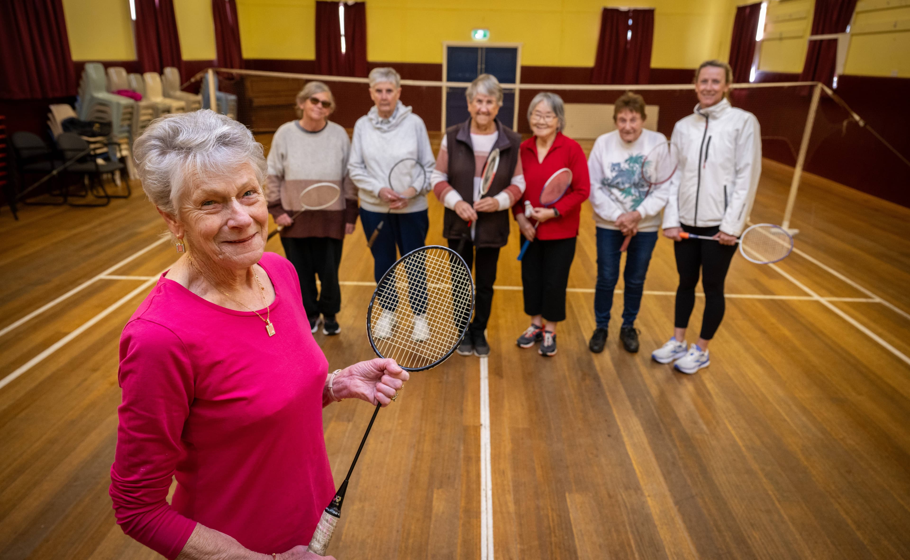 Badminton players Monica Gill, Carol Avent, Desma Plumbridge, Madge Strochnetter, Ruth Kennedy, Yvonne Mountney and Trish Clayton in the Rocherlea Memorial Hall.