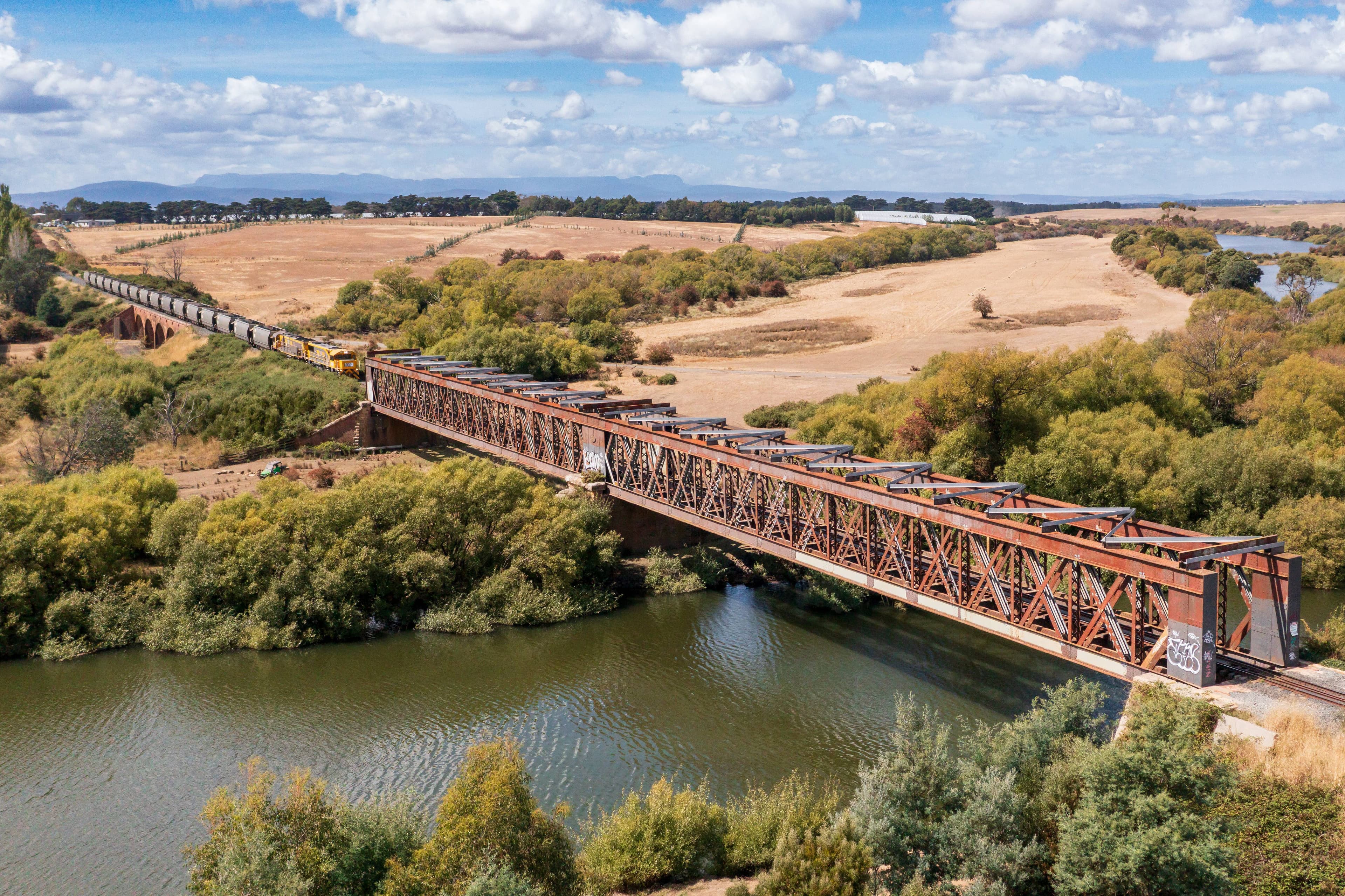 A Tasrail train crosses the South Esk River at Longford on March 3.