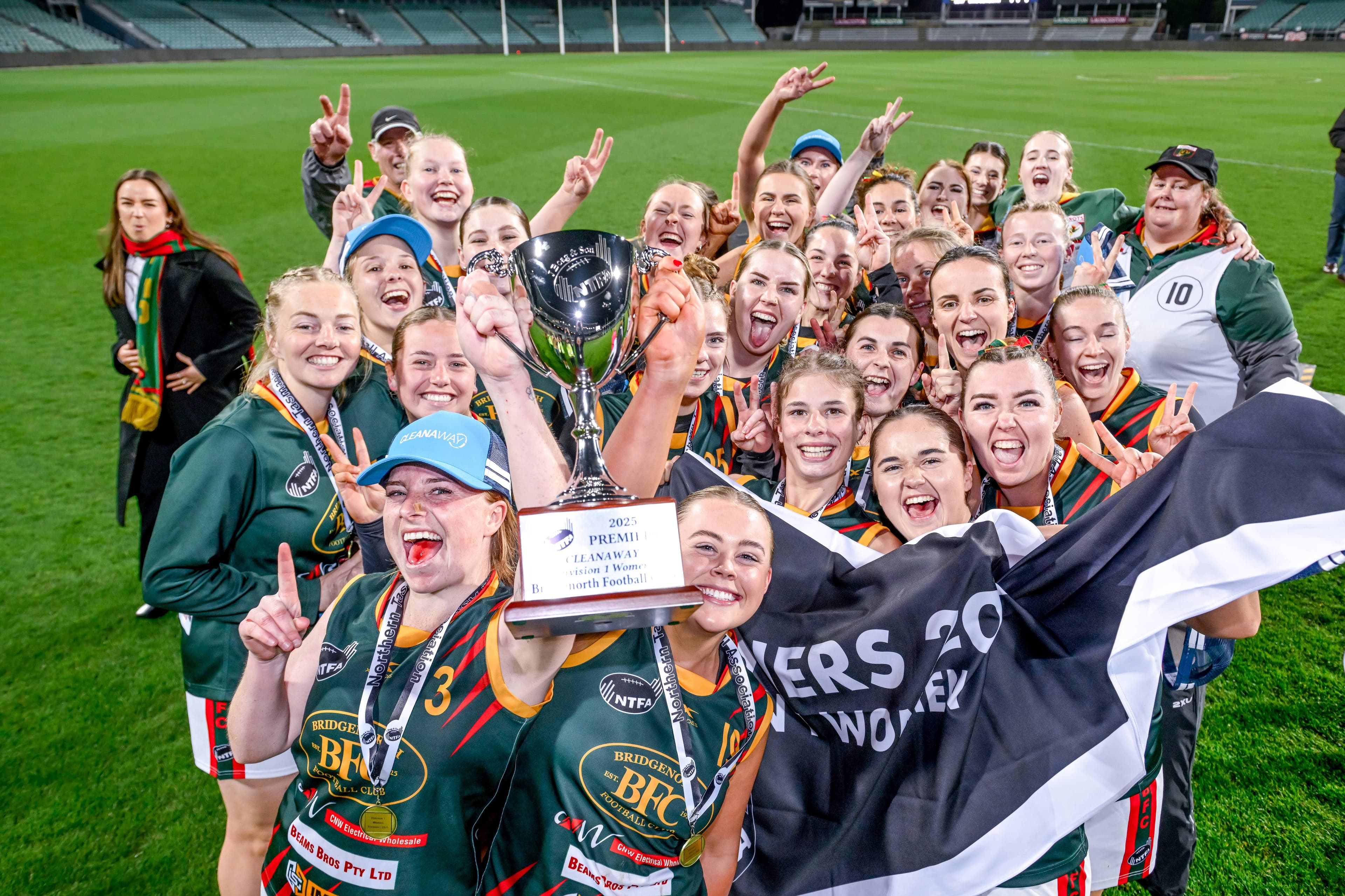 Bridgenorth players celebrate their win at the end of the NTFA Senior Division 1 women's grand final at UTAS Stadium on Friday, September 12.