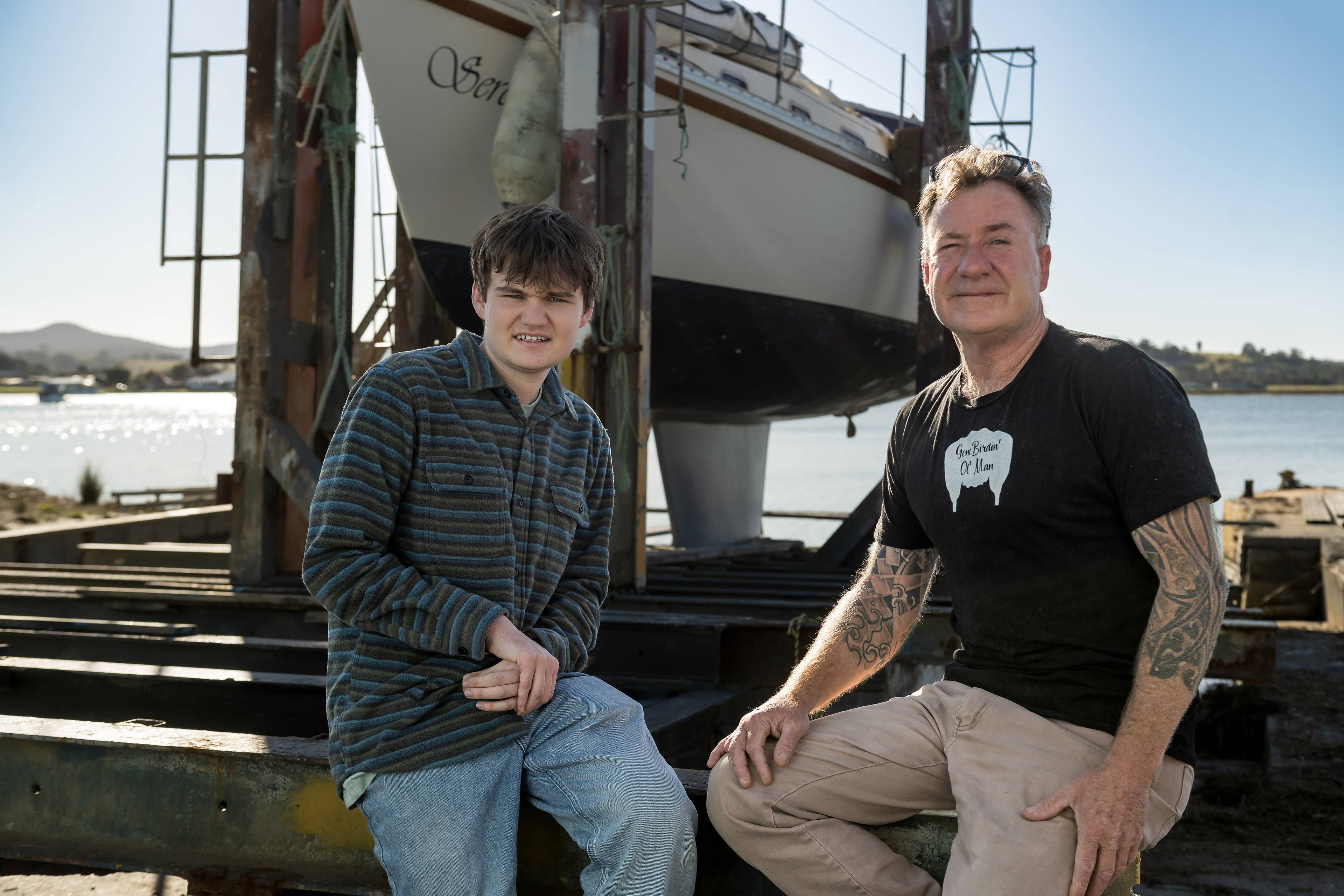 Jobi Watts and son Tasman at the St Helens slipway on June 26, 2025.