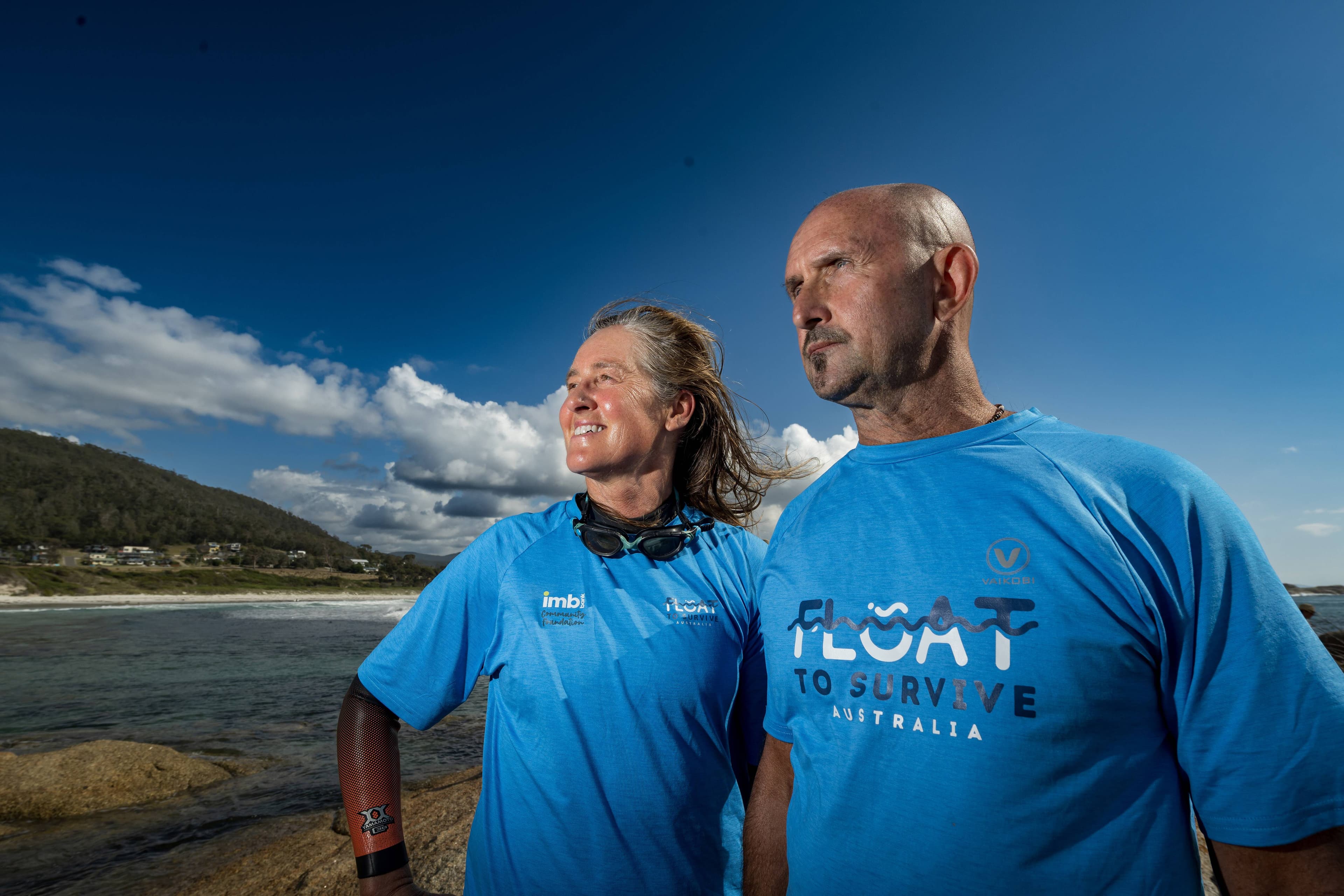 Scamander resident Lisa Albinus and Float to Survive co-founder Ian Lee at a Float to Survive rip demonstration at Redbill Beach, Bicheno, in March.