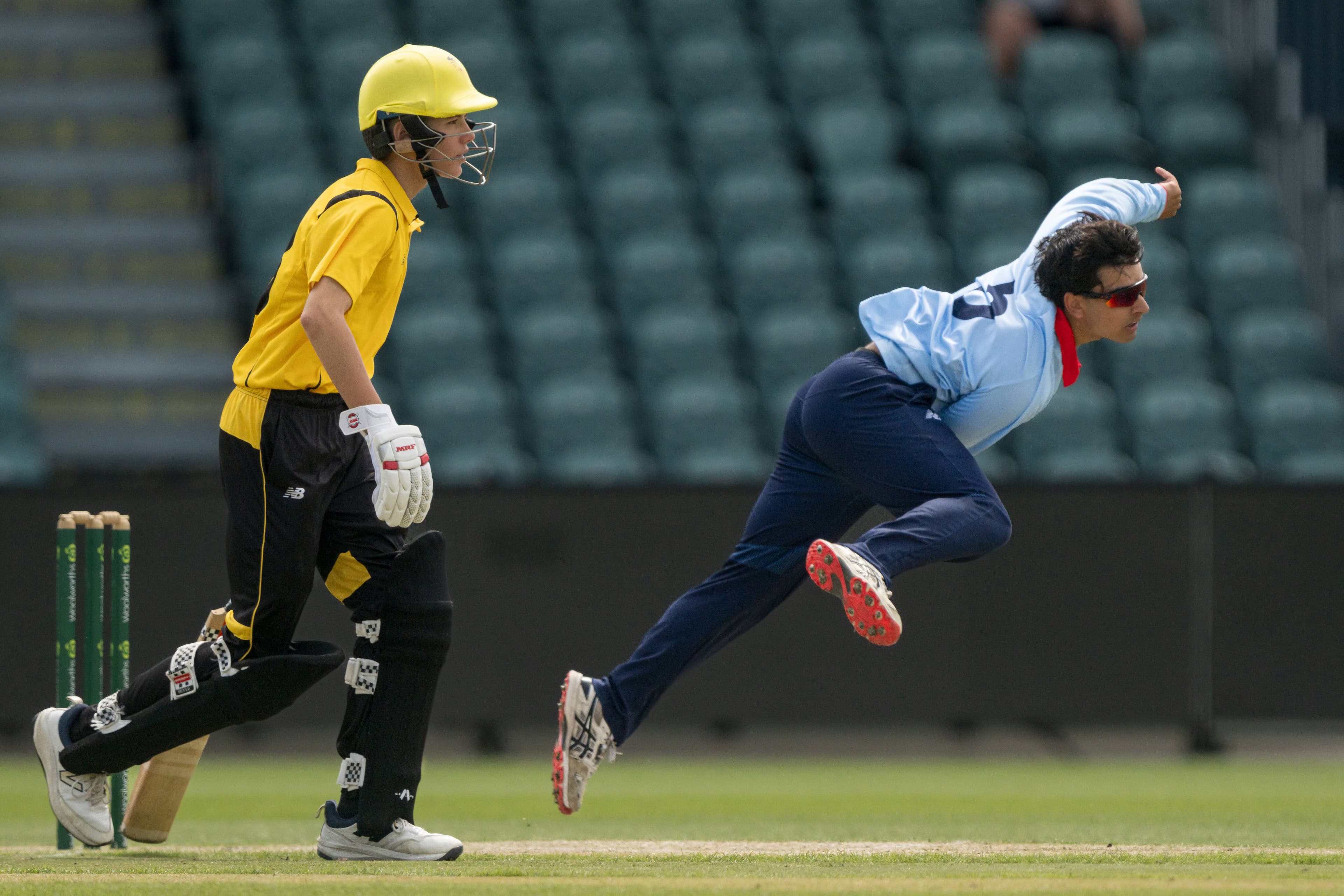 NSW Metro bowler Aarush Soni during the WA vs NSW Metro under-17 national championships at UTAS Stadium on January 22, 2025.