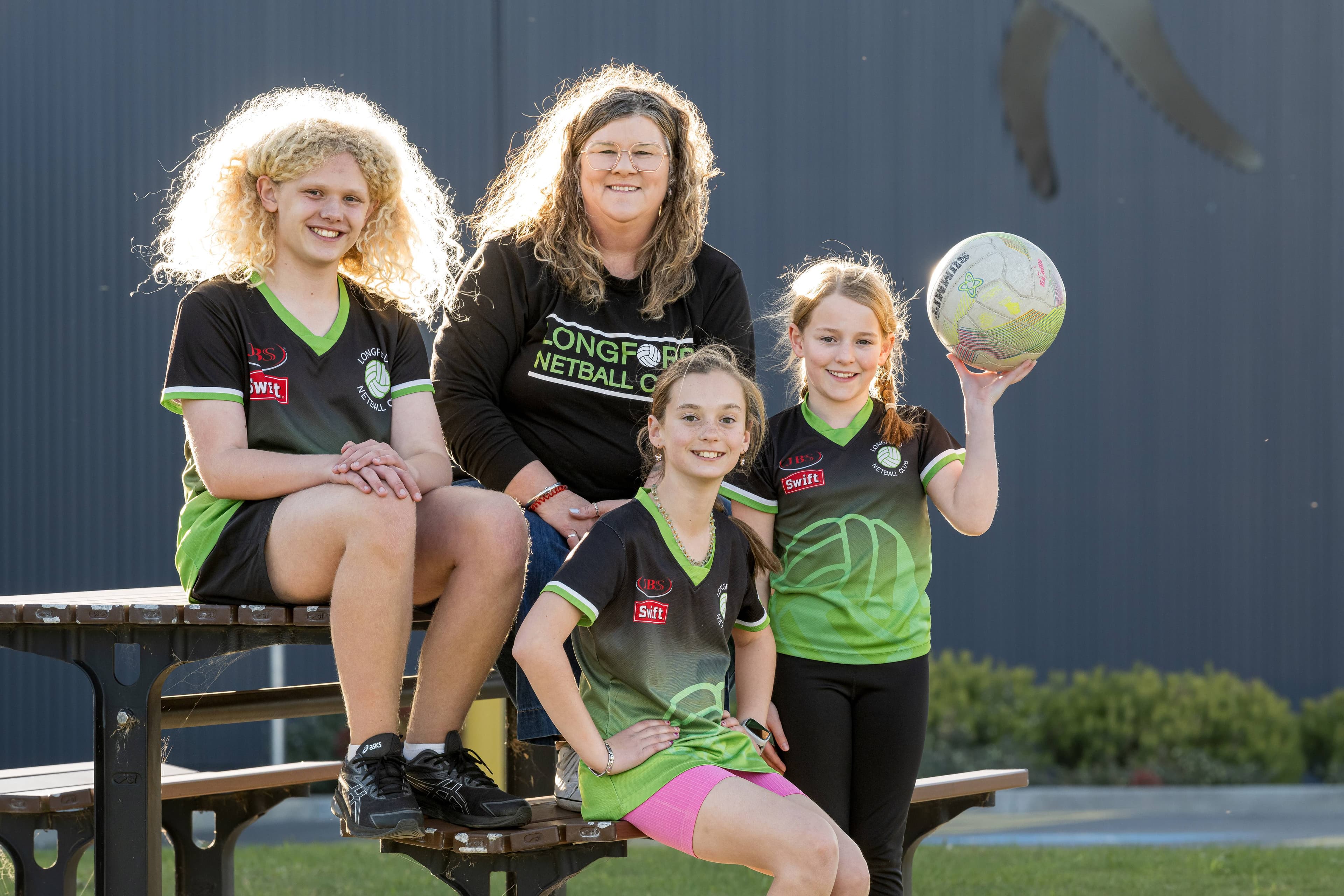 After Northern Midlands Council announced it was giving a $5000 grant to help Longford netballers with rent, pictured are (back) Malachi Davey Maurita Taylor, (front) Annie Preece and Ruby Chandler.