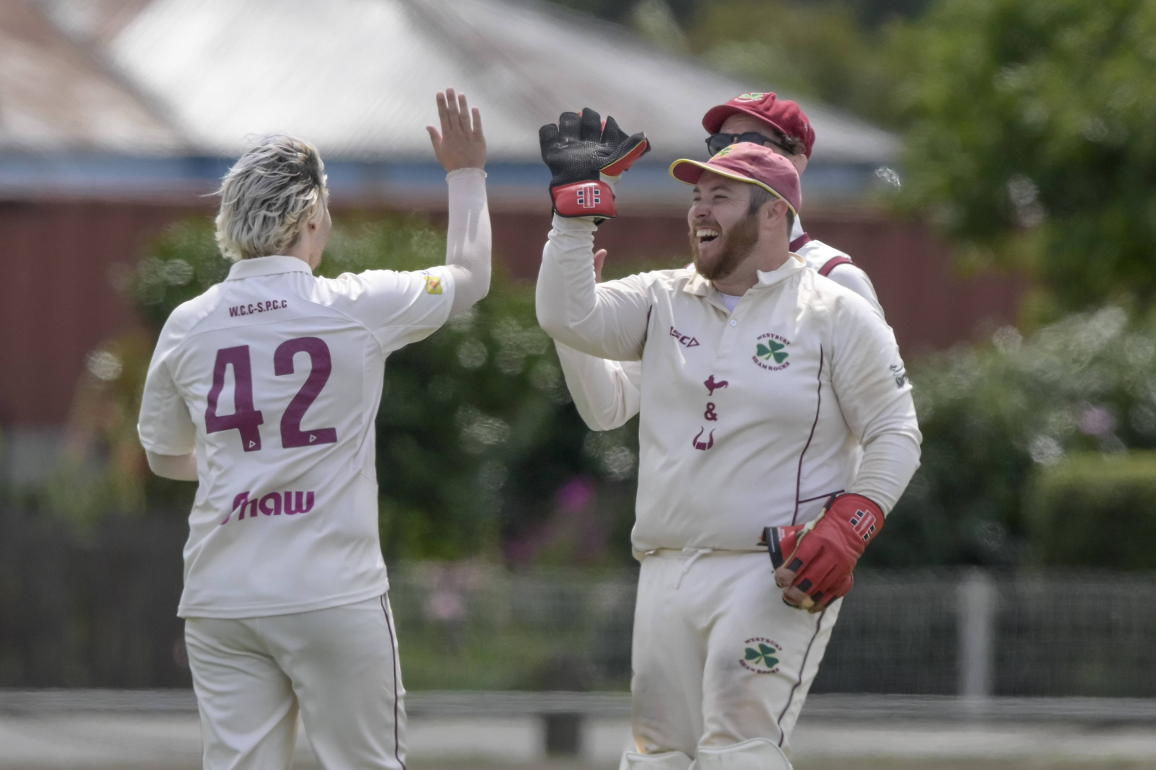 Westbury bowler James Baker and wicket keeper James Tyson during the Westbury vs Mowbray Cricket North game at Westbury on Saturday, February 8.