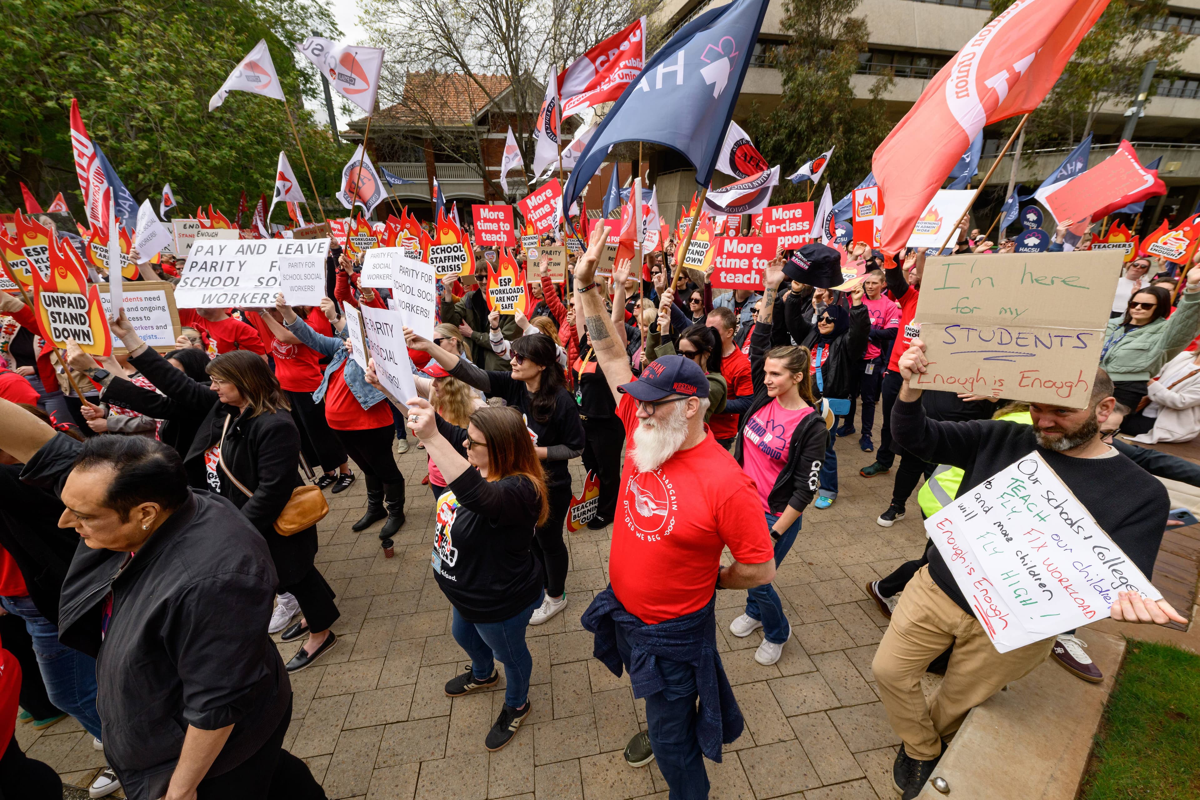 A vote is taken at the teachers' strike in Civic Square, Launceston on Wednesday, October 29, 2025.