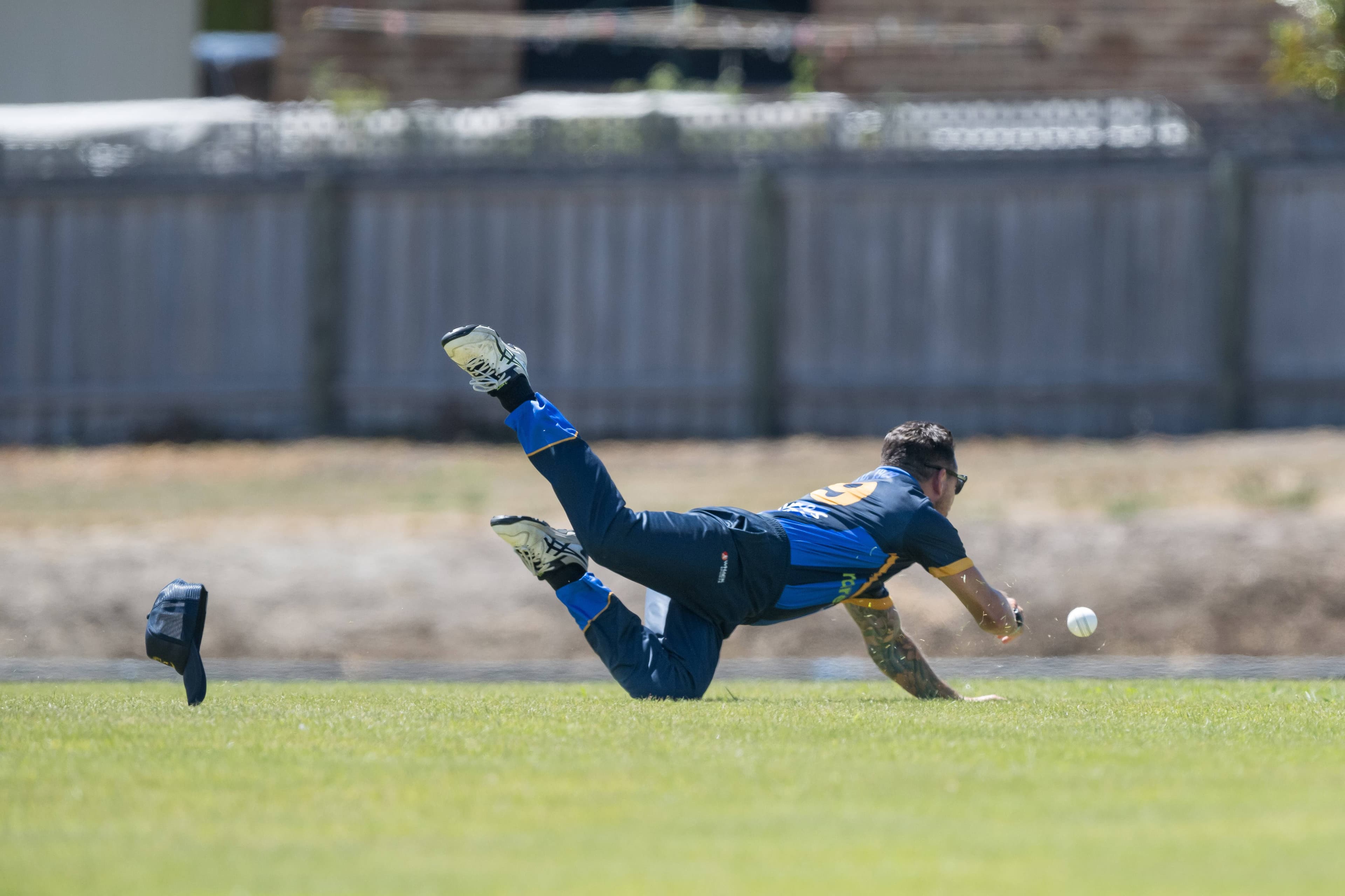 Trevallyn's Nathan Barry dives for the ball during the Hadspen vs Trevallyn cricket at Hadspen.