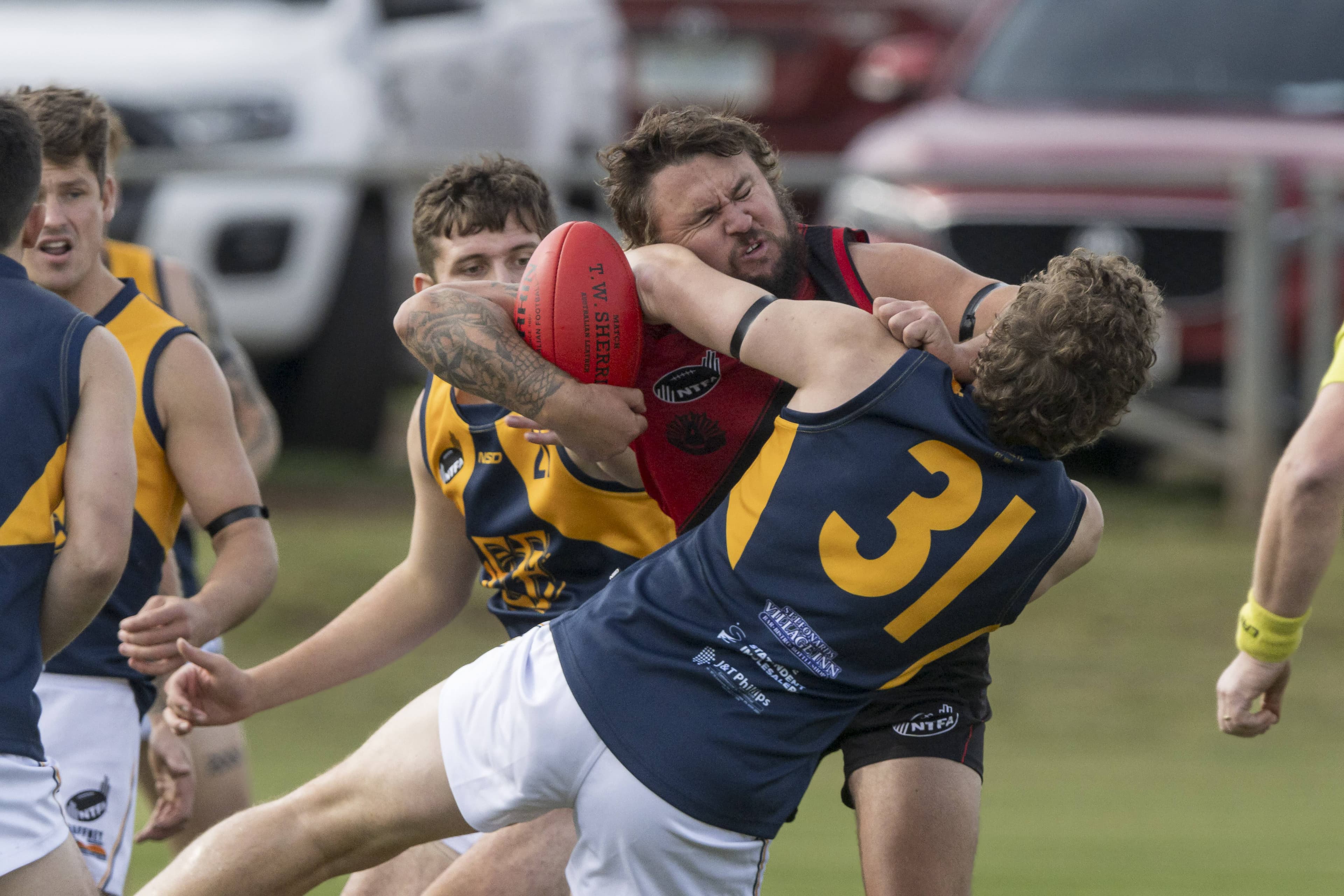Campbell Town's vice captain Cameron Gard and Evandale's Lachlan Dakin during the Evandale vs Campbell Town NTFA game at Campbell Town on April 25, 2025.