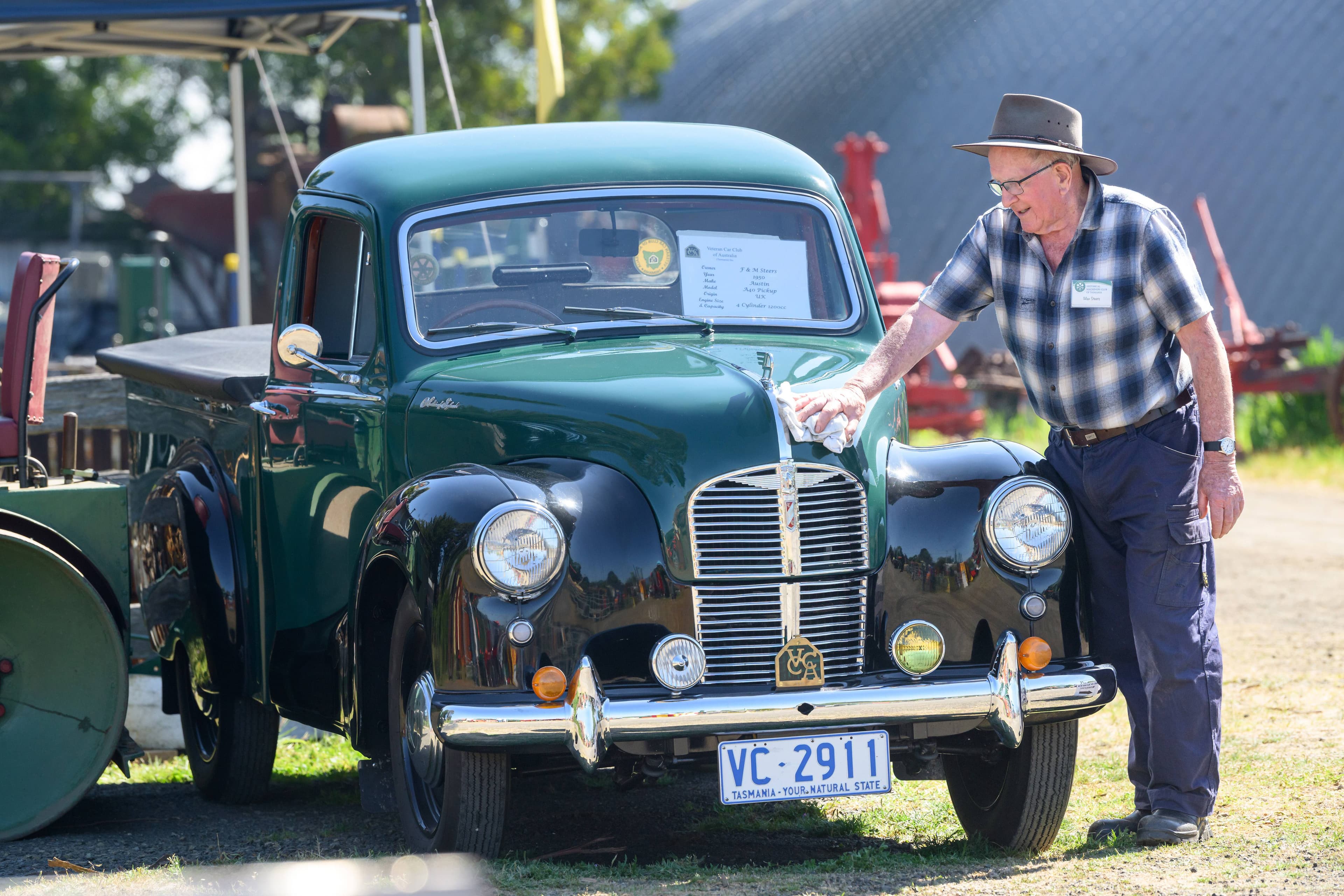 Max Steers, of Devonport, with a 1950 Austin A40 ute. He spent about four years restoring it. This picture was taken at Pearn's Steam World Steam Up day on Sunday November 2, 2025.